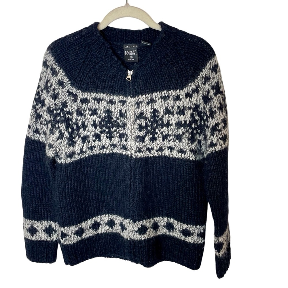 Nordic Design Black White Chunky Wool Zip Cardigan Sweater in Size Large Petite‎